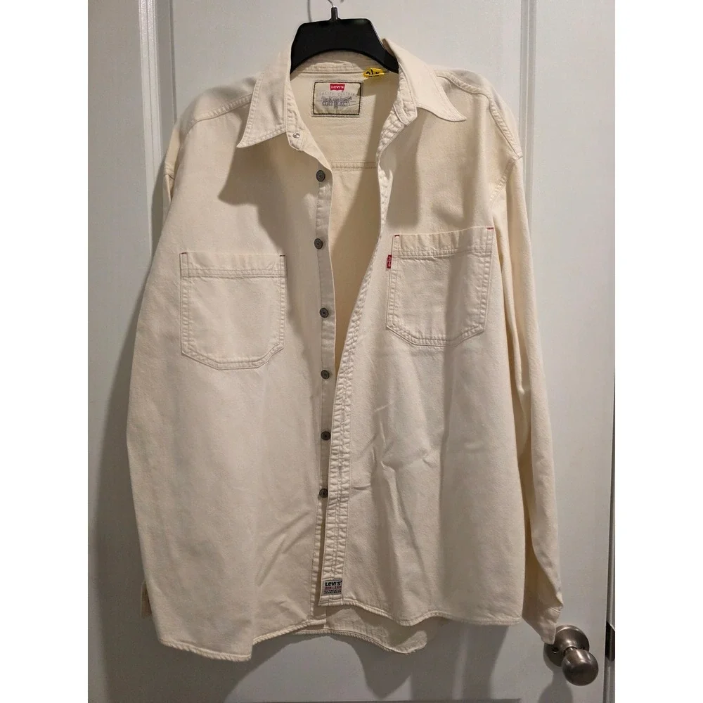 Men szXL Vintage 80s 90s Levis Red Tab Cream Denim Button Down Shirt 100% Cotton